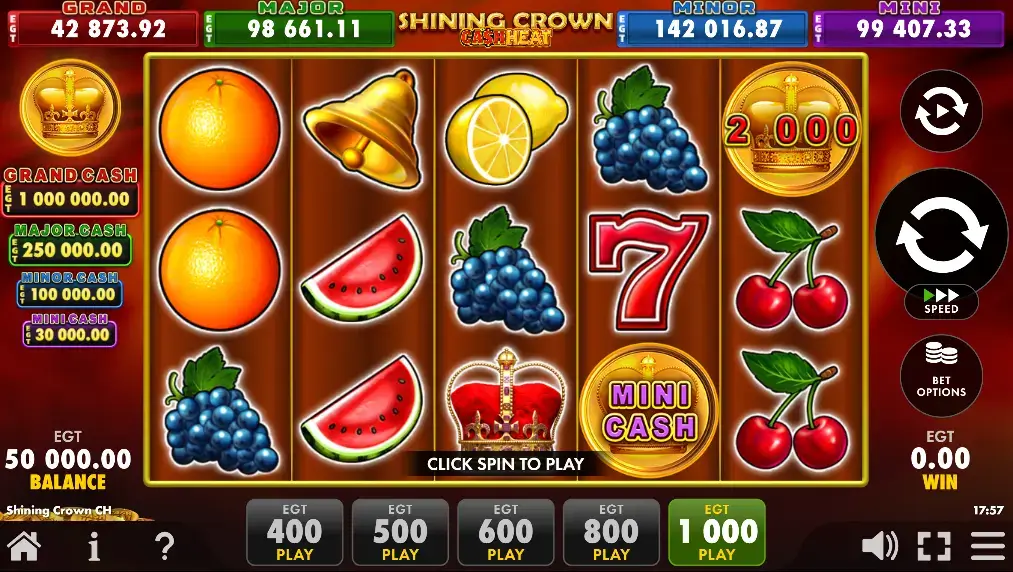 Shining Crown slot gameplay screenshot with reels and symbols